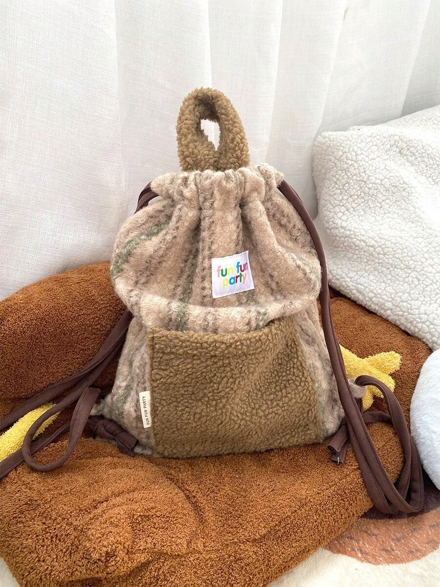 Women Shoulder Bags - 圈圈呢束口雙肩包-棕綠條紋 - 查看 1