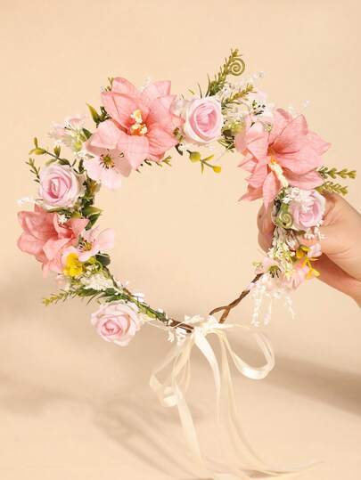 1 st. rosa rosblomma bohemisk blomsterkrans, romantisk för bröllopssäsongen, kronor, tiara, kostymkrona, huvudkrans, huvudbonad, hårring, hårranka, hawaiiansk outfit för kvinnor, håraccessoarer, blivande brud, alla hjärtans dag-accessoarer, håraccessoarer för kvinnor