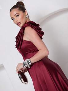 Long Dress For Bridesmaid – One Shoulder With Ruffle And Slit Elegant Simple Elegant Party Satin Side Opening Zipper Pleated Bridesmaid Civil Wedding Debutante Graduate Formal And Evening - 紅木色 - 查看 6