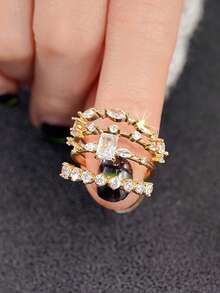 Elegant Rhinestone Ring Gift Set, Luxury Shiny Cubic Zirconia Fashion Jewelry For Women, Copper Material Non-Fading And Hypoallergenic, Ideal Holiday Gift - Gold - View 5