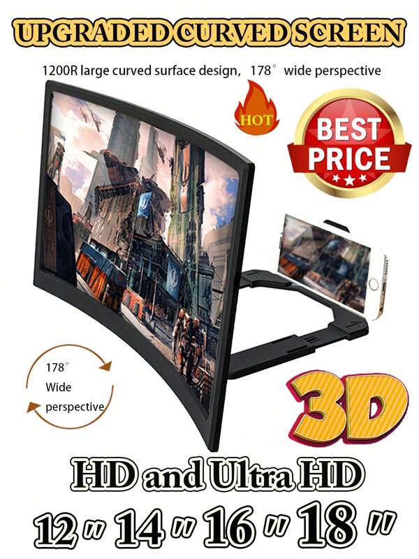 1 pieza Magnificador de pantalla de teléfono de 12/14/16/18 pulgadas ultra claro, pantalla 3D curva mejorada plegable y expandible, soporte de escritorio para teléfono, ángulo súper amplio de 178° antirreflejo de uso en múltiples escenas, teatro portátil para teléfono, entretenimiento en el hogar, ocio, oficina, viaje, campamento, cine, pantalla, magnificador portátil ultra HD protector de ojos, material ABS+acrílico, se adapta a casi todos los modelos, gran regalo