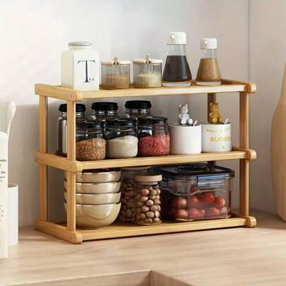 1pc Wooden Multi-Tier Desktop Storage Rack, Kitchen Organizer Rack, Large Capacity Spice Rack, Multifunctional Home Shelf, Draining Rack & Cup Holder, Display Rack, Space Saving, Suitable For Living Room, Bedroom, Cabinet, Kitchen Spice Storage And Organization