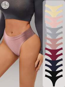 14 Pieces Of Women's Underwear Low Waisted Cotton Thong - Soft And Breathable V-Shaped Pants, Solid Color Simple Women's Underwear, Sexy Triangle Pants, 7 Solid Color S-XL Sizes To Choose From, Ribbed Elastic Comfortable Non Transparent Casual Wear, Daily Essential, Fashionable Style, Soft And Breathable, Modern Women's - 彩色 - 查看 2