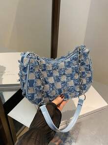 1 件蓝色牛仔拉链格纹印花拼布肩带时尚百搭单肩包，适合女性日常使用、购物、钱包、手提包、年轻女士、大学生、办公室女士。适用于办公室、大学、工作、商务、通勤、户外活动、旅行和郊游。