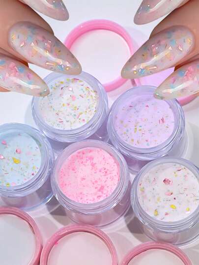 5件套亚克力美甲粉套装，白色、粉色、蓝色高光泽亚克力粉套装，含闪粉，5种颜色闪亮亚克力美甲雕塑法式美甲延长和指甲雕刻，持久易贴亚克力按压式美甲片