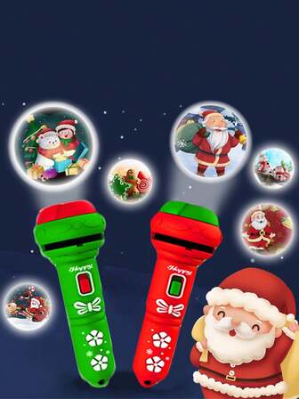 圣诞主题投影手电筒玩具 - 圣诞风格投影图案识别道具手电筒，适用于派对、卧室装饰、圣诞礼物（手电筒和投影幻灯片颜色/样式随机）