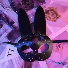 Leather Rabbit Mask Punk Black Cat Masks Cat Head Mask Fox Mask Animal Half Face Adjustable Mask Halloween Party Masquerade Prom Face Decorative Black1-0166 - 如圖 - 查看 5