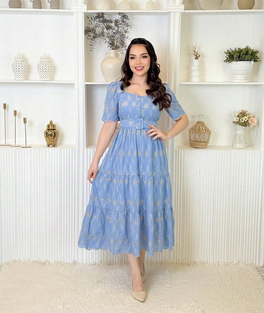 Elegant Midi Dress In 3D Laise Lined With Perfect Fit – Size M, G And GG - Baby Blue - View 1