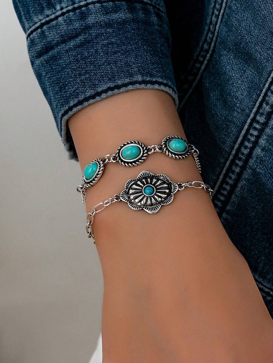 2pcs Western Style Turquoise Bracelets Set, Suitable For Daily Wear - Multicolor - View 1