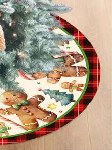 Fustă de brad de Crăciun, model drăguț cu omuleț de turtă dulce și garnitură în carouri roșii, pânză decorativă pentru brad de Crăciun, decor pentru casă pentru petrecerea de Crăciun