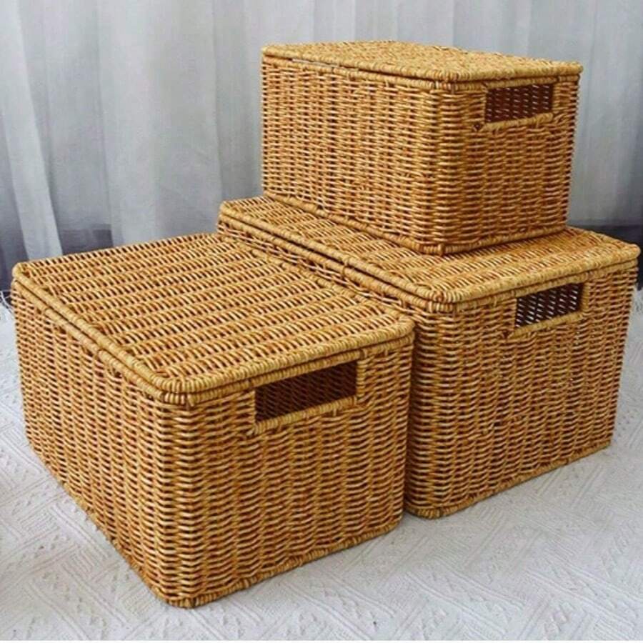 1 pieza Cesta de almacenamiento tejida de ratán, caja organizadora para el hogar, contenedor de almacenamiento de ropa, almacenamiento de aperitivos y juguetes para la sala de estar, apta para la sala de estar, el dormitorio y la cocina - Beis - Ver 1