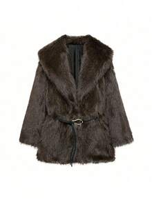 DEEKA Autumn/Winter New Faux Fur Thick Warm Mid-Length Coat With Belt - Chocolate Brown - View 9