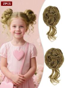2 PIEZAS Pieza de cabello ondulado rizado sintético para moño de niños, extensiones de cabello corto, adecuado para que los niños usen pelucas, rosquillas, moños de cabello, accesorios para el cabello de niñas y diademas