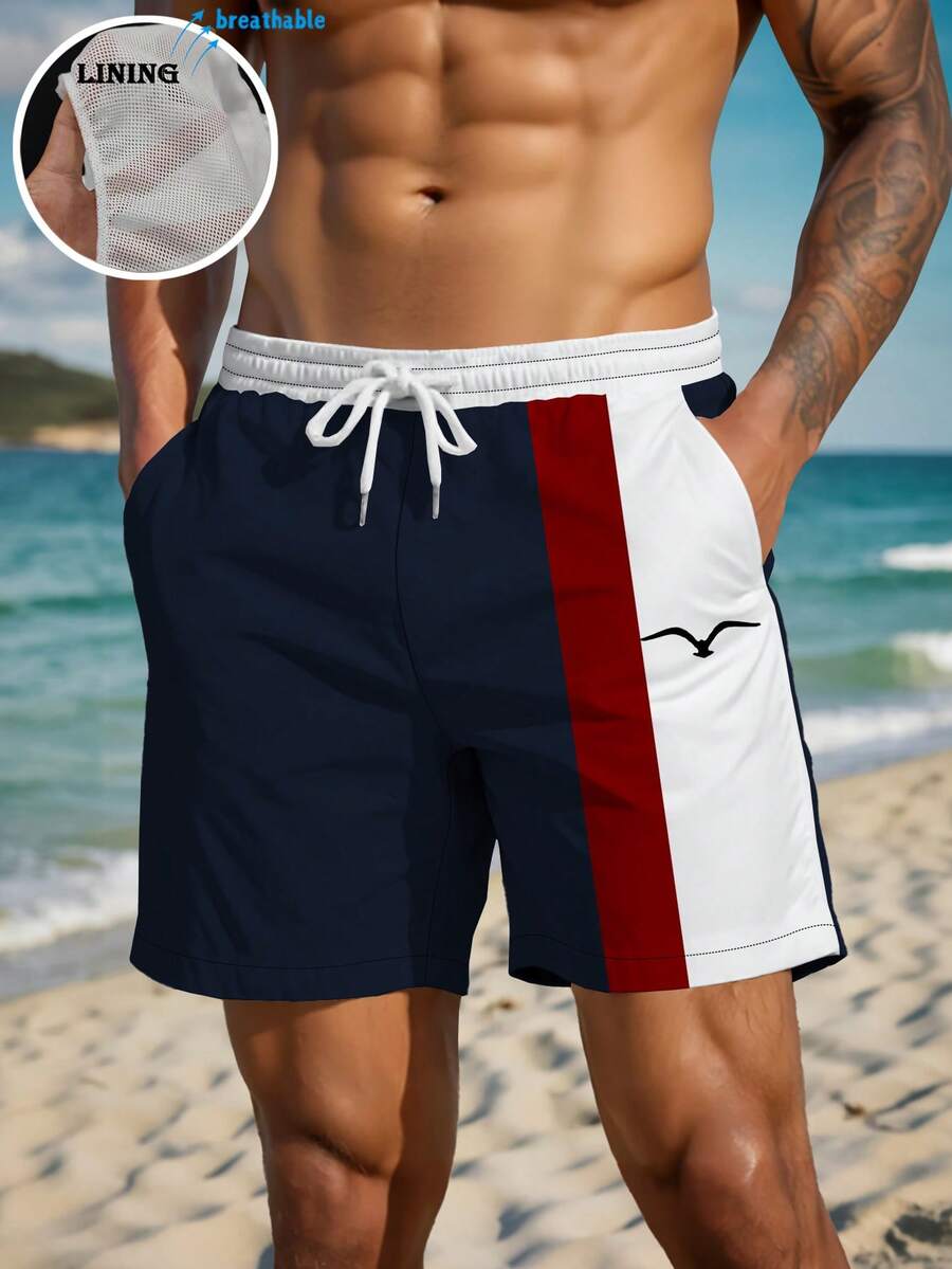 Pantalones cortos de verano para hombres con estampado impreso, cintura con cordón, bolsillo en diagonal, secado rápido de doble capa con forro de malla, diseño de gaviota en contraste de color 3D, pantalones de baño casuales y de playa de moda - Multicolor - Ver 1