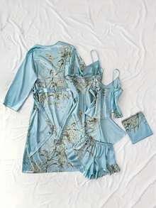Women's 5-Piece Printed Pajama Set - Elegant All-Season Pajamas, Including Long-Sleeved Tunic Robe, V-Neck Camisole Dress, Camisole, Shorts, Storage Bag, Soft, Skin-Friendly Pajamas And Loungewear Pajama Sets For All Seasons - 薄荷藍 - 查看 2