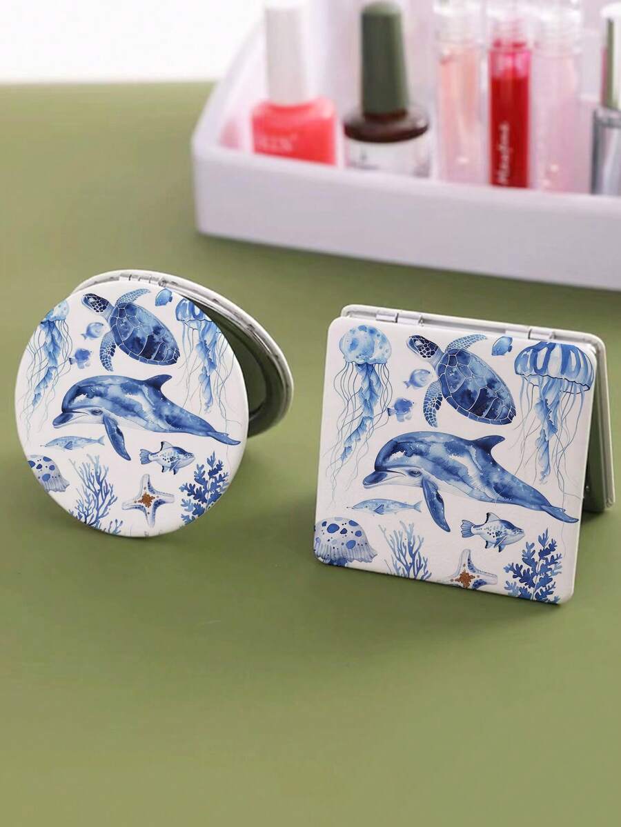 1pc Round/Square Mermaid, Fish, Seafood Cartoon Pattern White PU Foldable Compact Double-Sided Pocket Makeup Mirror, High Definition Hand-Held Touch Up Mirror - Multicolor - View 1