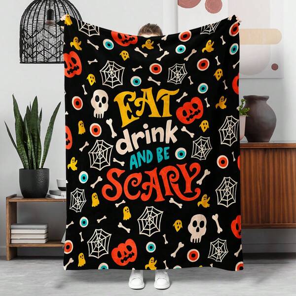 1pc Gothic Halloween Theme Flannel Blanket, Suitable As Halloween Gift Blanket, For Sofa, Living Room Nap, Outdoor Camping, Travel