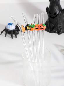 1-5 piezas/Set de pajitas de vidrio reutilizables con patrón de calabaza de Halloween, adecuadas para bebidas heladas, té de la tarde, batidos, smoothies, refrescos, leche con té, jugos y otras bebidas frías, ideal para fiestas de Halloween y bebidas festivas, libre de plomo, festivo, regalo de Halloween - Estilo A - Ver 6