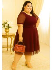 Women's Ribbed Plus Size Dress Evangelical Fashion Midi Tulle Polka Dot - Burgundy - View 2