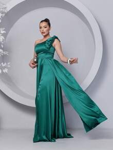 Long Dress For Bridesmaid – One Shoulder With Ruffle And Slit Elegant Simple Elegant Party Satin Side Opening Zipper Pleated Bridesmaid Civil Wedding Debutante Graduate Formal And Evening - 翡翠綠 - 查看 1
