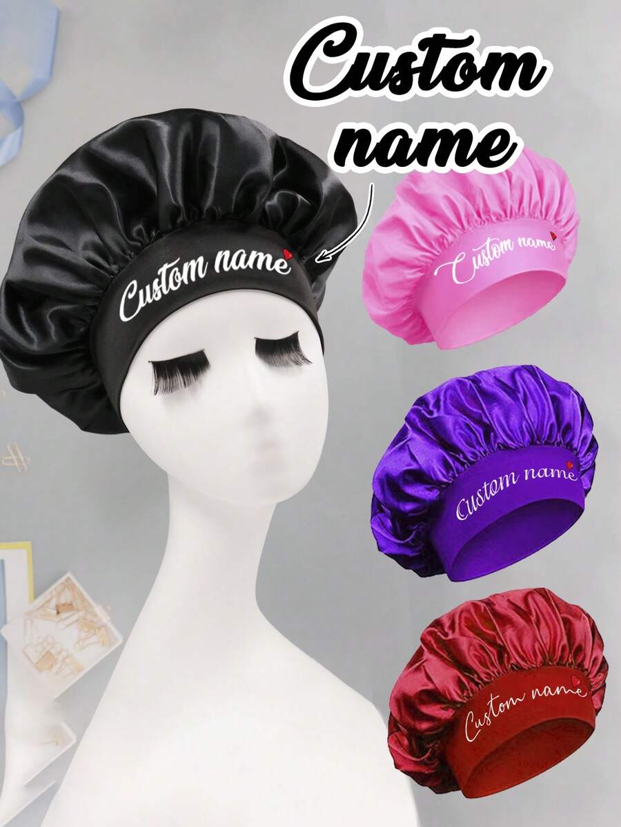 Custom Text Satin Bonnet, Personalized Hair Bonnet Elegant Minimalist Night Care Cap, Customized Soft Sleep Hat Gift For Mothers Day Birthday Anniversary, Customizable Beauty Hair Wrap For Women Wife Bedroom Night Routine Gift, Bathroom, Everyday Life, Couples - Multicolor - View 1