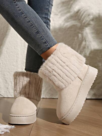 Girl's Thick Sole Thermal Lined Snow Boots, Warm Outdoor Anti-Slip Flat Boots With Knitted Cuff, Chunky Sole Winter Boots, Classic Mid-Calf Boots For Girls, Teens, Students