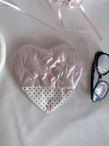 1pc Glasses Pouch Bow Embossed Heart Pink PU Leather With Patterns Heart Shaped Eyewear Storage Case Bow Embossed Pouch Eyewear Accessory