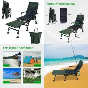 Foldable Fishing Chair With Footrest 170 Recliner Adjustable Backrest Durable Portable Oxford Fabric Heavy Duty Free Waterproof Carry Bag Removable Cushion 350 LBS Weight Limit Green