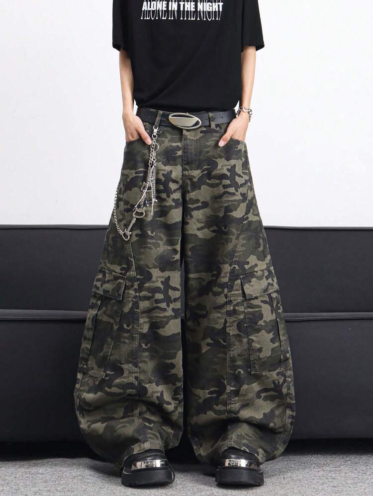 1pc Casual Camouflage Patchwork Barrel Leg Cargo Pants, Loose