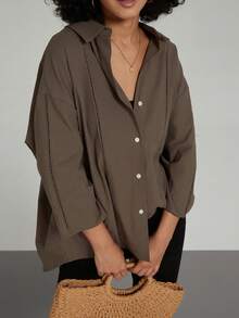 Se-Hore 时尚休闲V领亚麻混纺长袖衬衫女复古美式风格舒适休闲适合日常通勤