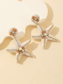海星和珍珠水钻装饰波西米亚海滩时尚珠宝耳环女士 - 米色 - 查看 2