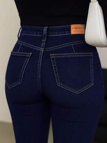 Pantalón skinny de mezclilla para mujer tiro alto – estilo entallado y moldeador - Azul Marino - Ver 3