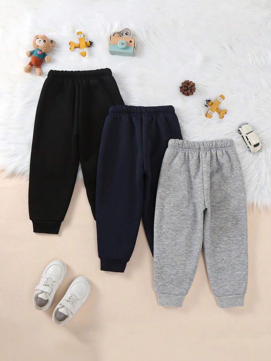 3pcs Young Boy's Casual Vintage Street Style Soft & Comfortable Thick Solid Color Sweatpants, Suitable For Outdoor, Campus, Social Occasions, Spring/Autumn/Winter - Multicolor - View 1