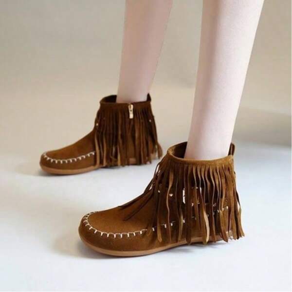 Multicolor Tassel Ankle Boots Suede Fabric Personalized Tassels Side Zipper Flat Design Everyday Leisure / Light Retro Style