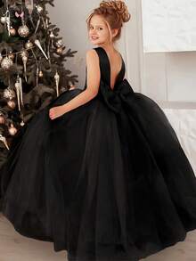 Rochie de prințesă din plasă cu V adânc, fără spate și fundă, potrivită pentru petrecere de ziua de naștere, Paște, nuntă, bal, ocazii de sărbătoare