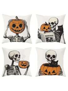 1/4 包万圣节抱枕套，骷髅和南瓜图案，可机洗，拉链开合，适用于沙发和客厅装饰 - 涤纶，无内衬，秋季装饰，房间装饰