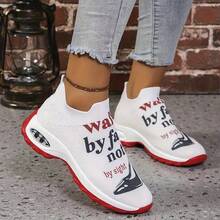 Women's Breathable Knitted Mid-Top Sports Shoes, Equipped With Air-Cushioned EVA Soles, Eye-Catching "Walk By Faith" Pattern Prints And Color Decorations - All-Season Casual Shoes Suitable For Casual Outfits. - White and Red - View 4