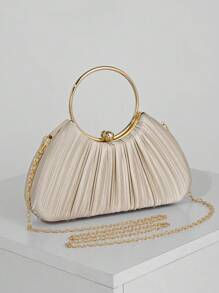 Elegante clutch da sera in raso plissettato a forma di scatola, borsa da abito formale con manico in metallo, adatta per abbinare abiti da ballo, festa, matrimonio, sposa, damigella, abito da compleanno, borsa color champagne