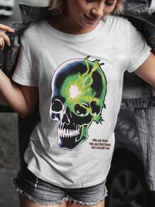 女士欧码纯棉 T 恤，骷髅图案设计，休闲风格，适合年轻人，常规版型，透气舒适，适合春夏季节，适合日常穿着或旅行