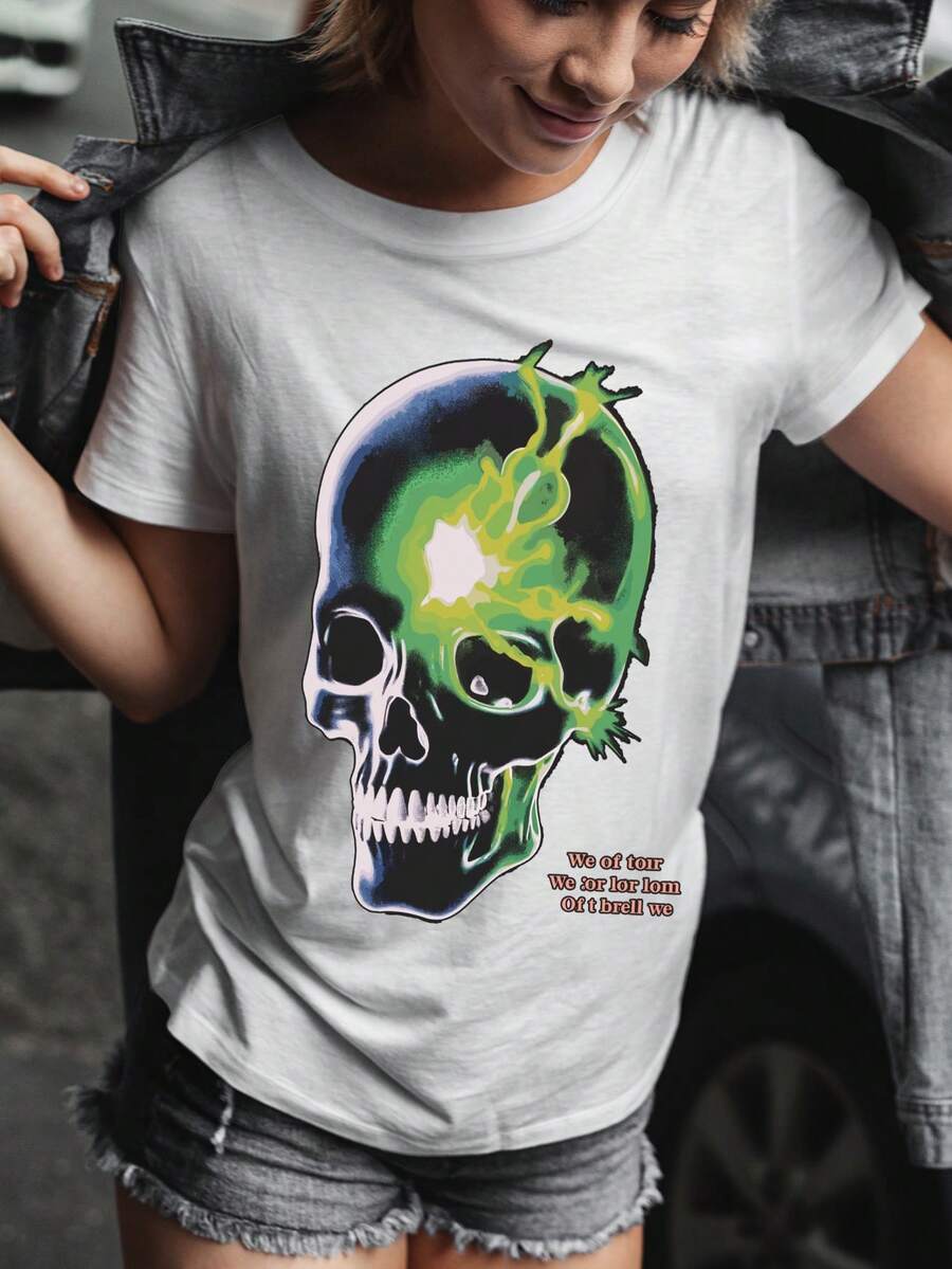 女士欧码纯棉 T 恤，骷髅图案设计，休闲风格，适合年轻人，常规版型，透气舒适，适合春夏季节，适合日常穿着或旅行