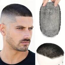 Herren Echthaar Kurzer Buzz Cut PU Dünne Haut Toupet Gerade Transparente Biologische Kopfhaut Haarteil Toupet Stück Perücke Unsichtbares Haarteil für schütteres Haar oder Glatze Natürliches Aussehen Haarteil Natürlich Schwarzes Toupet für Herren - SNatural - Übersicht 2