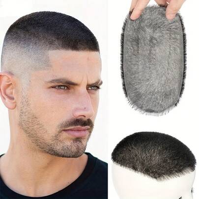 Men Human Hair Short Buzz Cut PU Thin Skin Toupee Straight Transparent Biological Scalp Hair Toppers Toupee Piece Wig Invisible Hairpiece For Thinning Hair Or Bald Natural Look Hairpiece Natural Black Toupee For Men