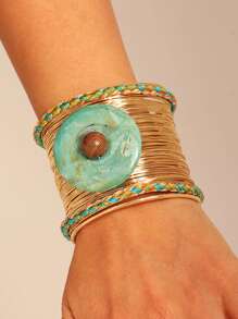 1pc Handmade Colorful Bohemian Style Wire Wrapped Open Bangle Bracelet, Fashionable For Women, Suitable For Vacation, Beach, Party And Daily Wear