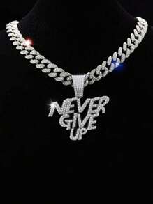 奢华闪亮“Never Give Up”英文字母嘻哈吊坠项链，适合日常佩戴、聚会、生日、派对、母亲节、父亲节、情人节 - 彩色 - 查看 1