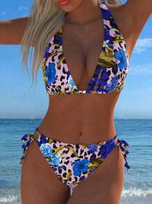 Floral Print V-Neck Halter Sexy Backless Beach Vacation Bikini Set Set - Multicolor - View 1