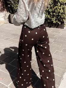 Women's Versatile Comfortable Polka Dot Zipper Long Pants, Straight Leg Y2K Style Trousers - Coffee Brown - View 6