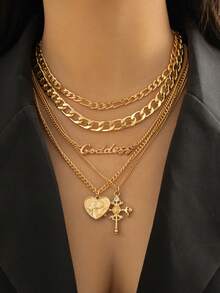 5件套欧美复古多层心形浮雕人物十字架项链嘻哈个性字母链饰品，朋友礼物，姐妹礼物，女士礼物