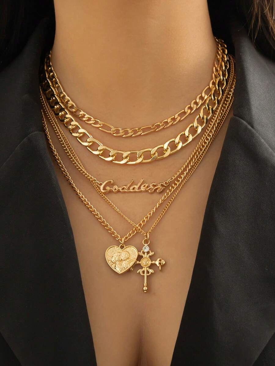 5件套欧美复古多层心形浮雕人物十字架项链嘻哈个性字母链饰品，朋友礼物，姐妹礼物，女士礼物