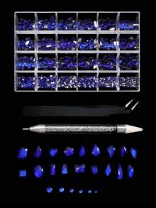 美甲 24 格深蓝色 Y2K 美学水钻装饰套装 - 扁平和不对称形状指甲装饰 DIY 指甲饰物指甲宝石指甲用品，配有笔和镊子，适用于美甲沙龙和个人用户指甲 - 寶藍色 - 查看 6