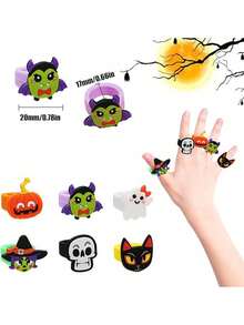 12 piezas - Anillos de dibujos animados de Halloween y anillos pop, regalos de fiesta de Halloween, set de anillos de goma de gelatina, set de anillos pop, regalos de fiesta de Halloween